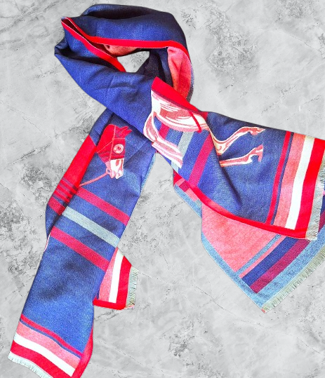 Cashmere Red and Blue Horse Design Scarf